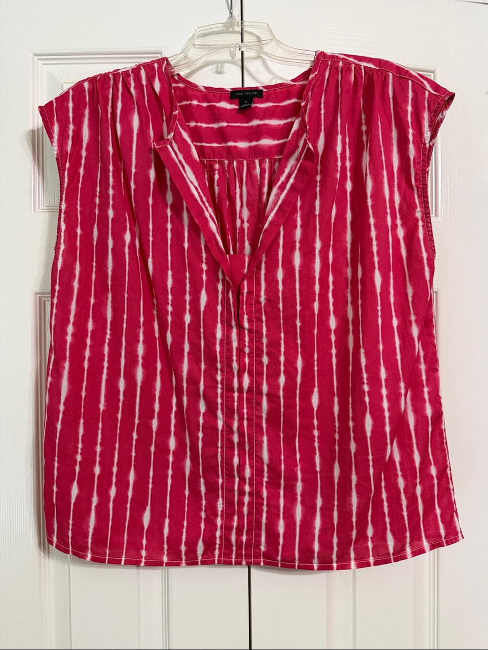 Ann Taylor Pink and White Striped Cap-Sleeve Women's Top Size Medium